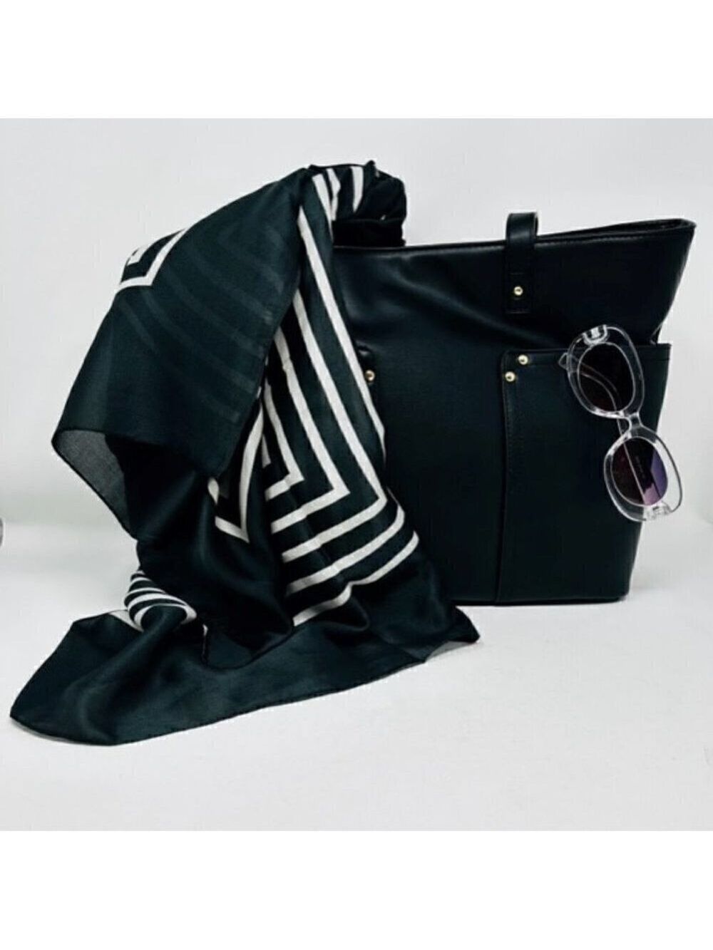 3 pc set- Black Vegan Leather tote, black-white silky scarf & fashion sunglasses